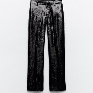 Zara Black Shiny Flocked Velvet Pants